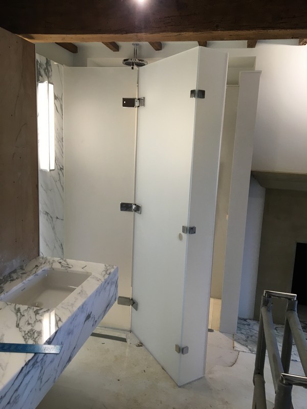 Bespoke frosted glass shower enclosure in Abingdon luxury bathroom